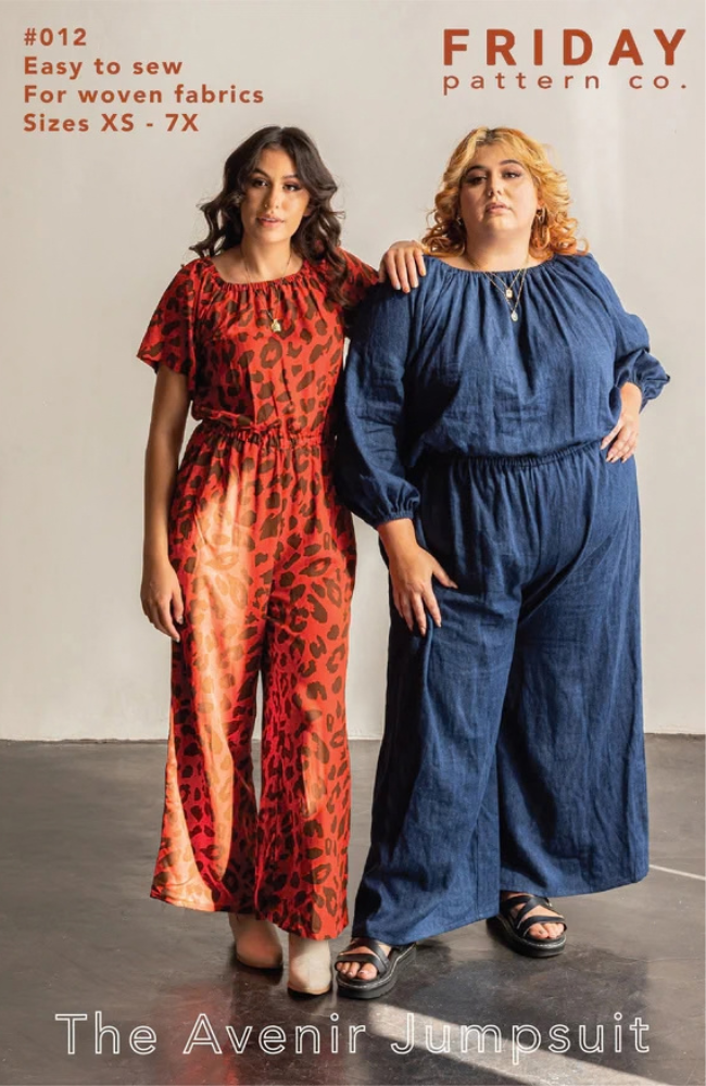 Two models leaning on each other and wearing the Avenir jumpsuit in red leopard print and blue chambray, on a gray and white background with Friday Pattern Company branding and text.