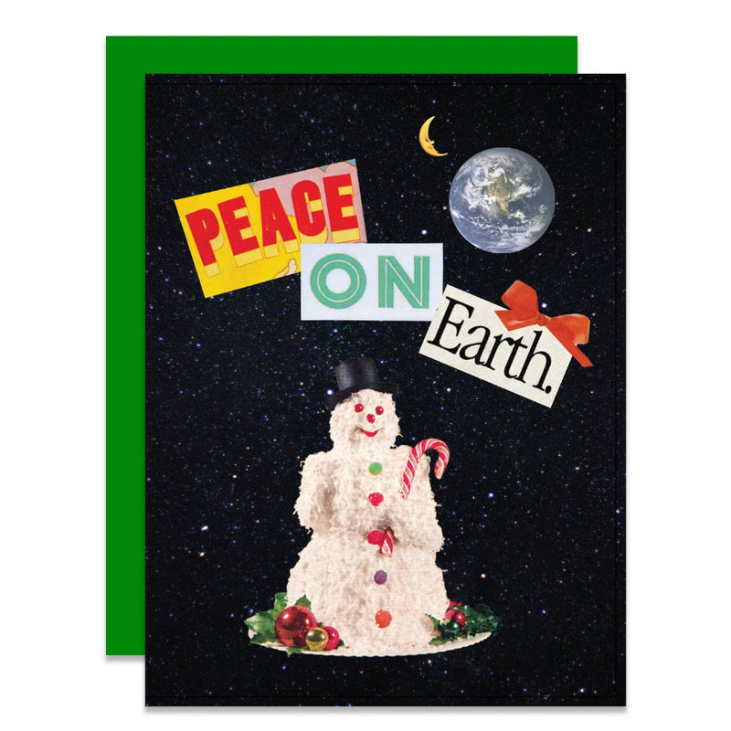 Greeting card with a snowman and 'Peace on Earth' text against a starry night sky.