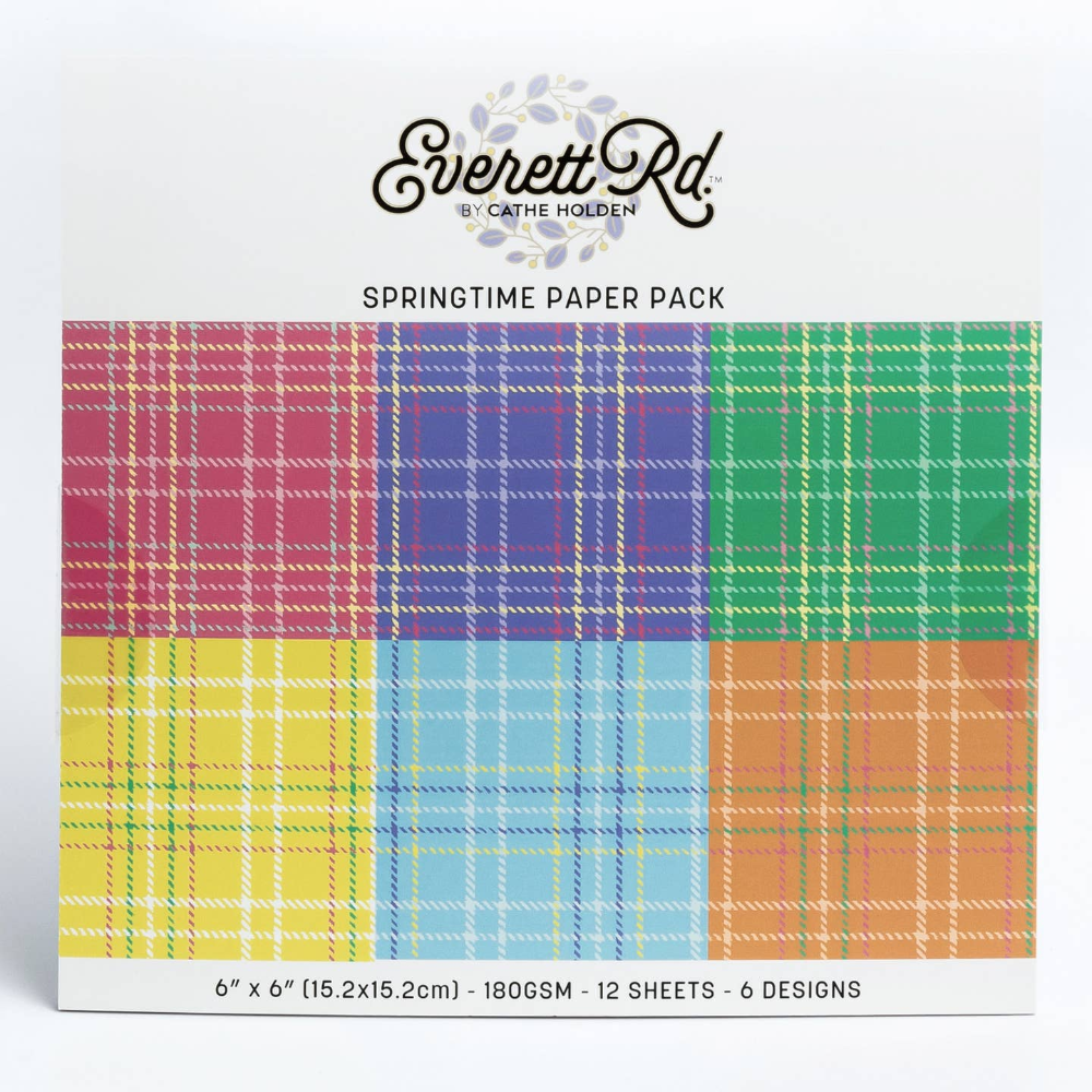 paper packaging with rainbow of 6 plaid paper patterns on the front readin "springtime paper pack"