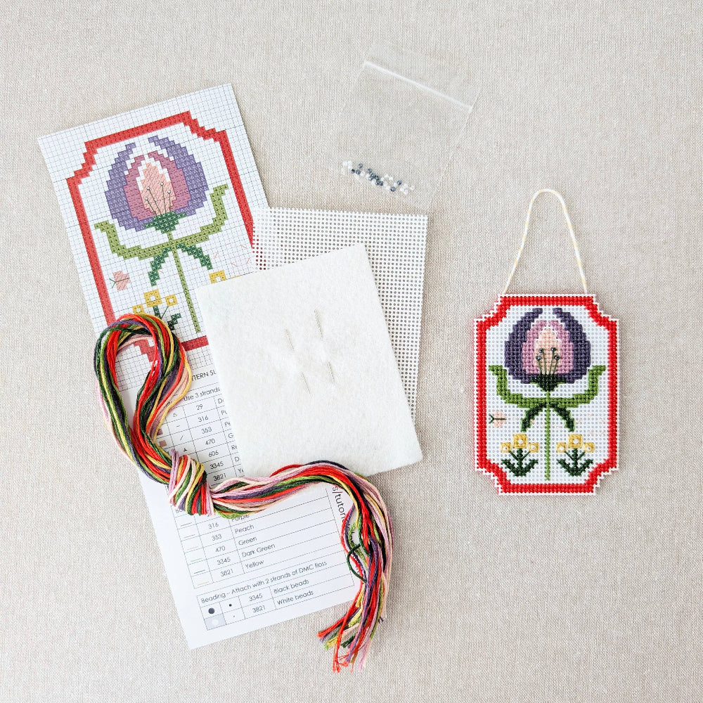 Kit includes beads, canvas, floss, needles, and color printed pattern on a white textured background