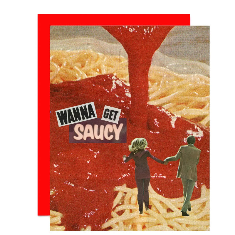 surreal collage style card of a couple outrunning a wave of marinara sauce