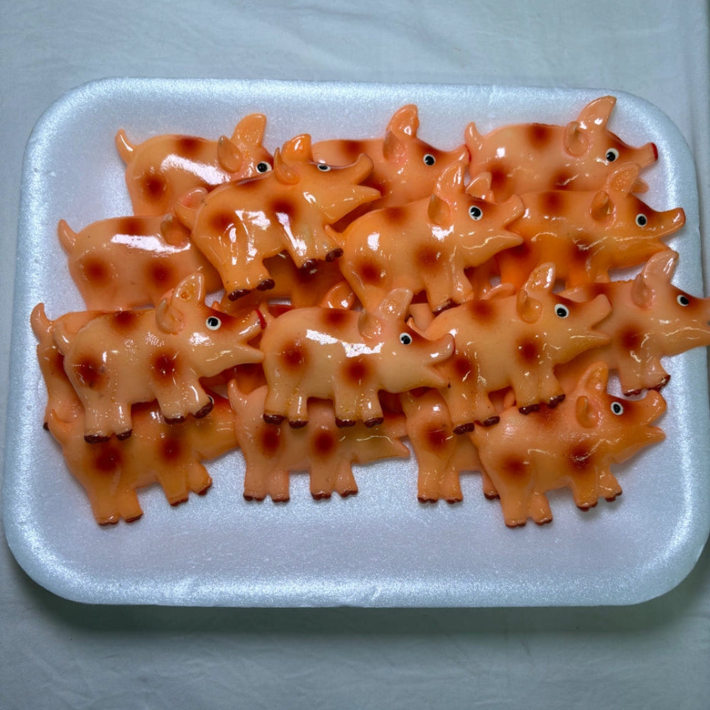 White tray of pinky pig magnets with brown spots.
