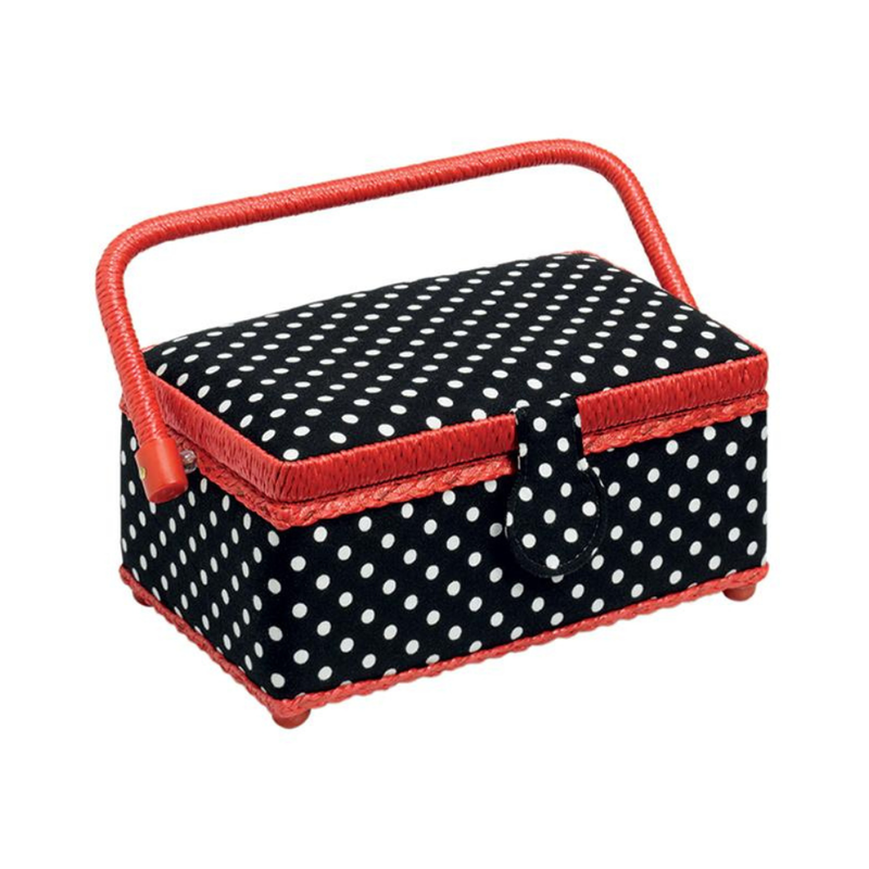 Sewing box with black and white polka dot pattern and red trim on a white background