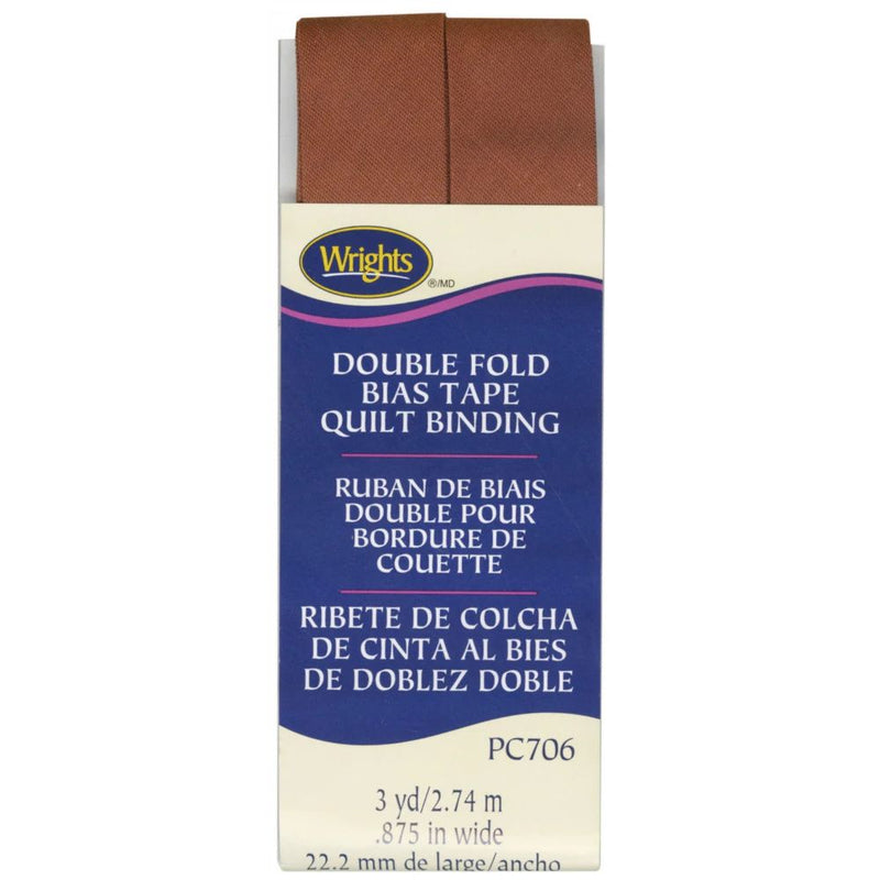 Box of Wright's double fold bias tape quilt binding with brown tape on a white background