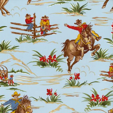 Fabric pattern with cowboys and horses on a blue background