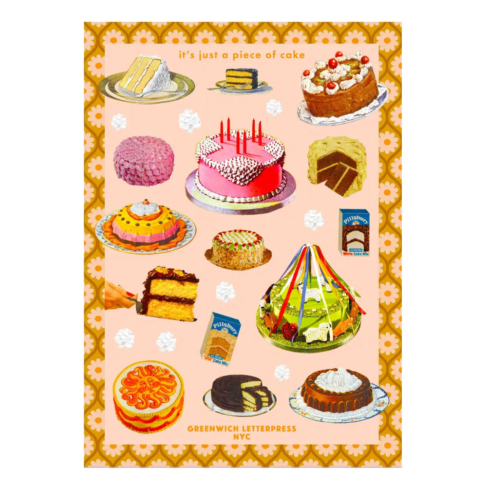 Stickers of various cakes with a decorative border and text on a pink background.