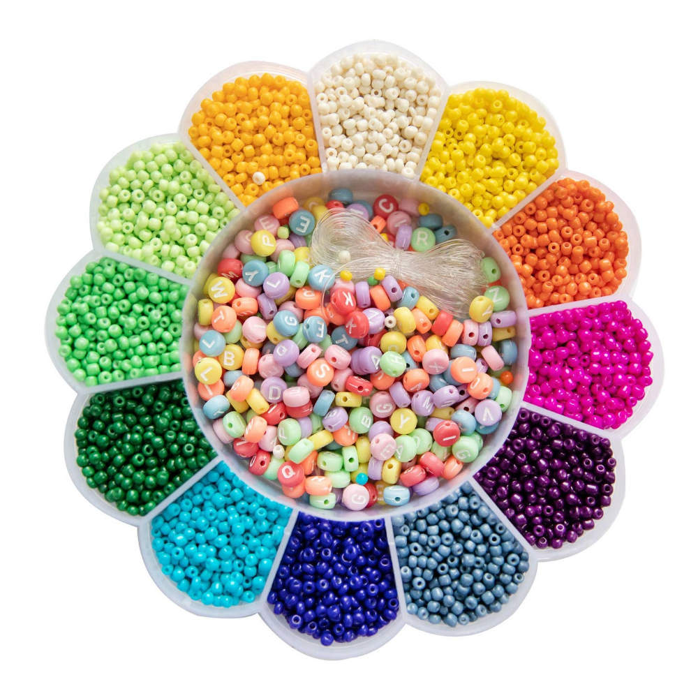 Flower shaped compartmentalized bead container with a variety of rainbow beads.
