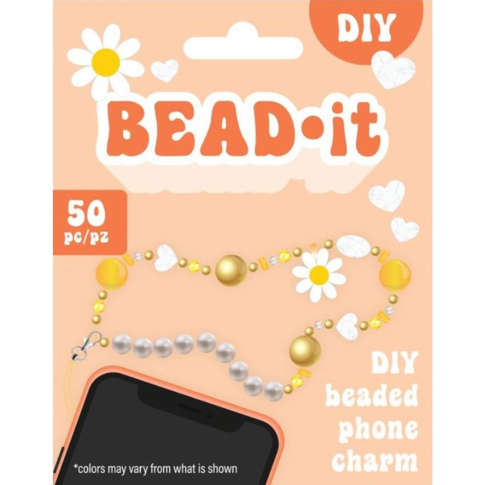 Packaging of DIY BEAD-it phone charm set with beads and a daisy design on a peach background.