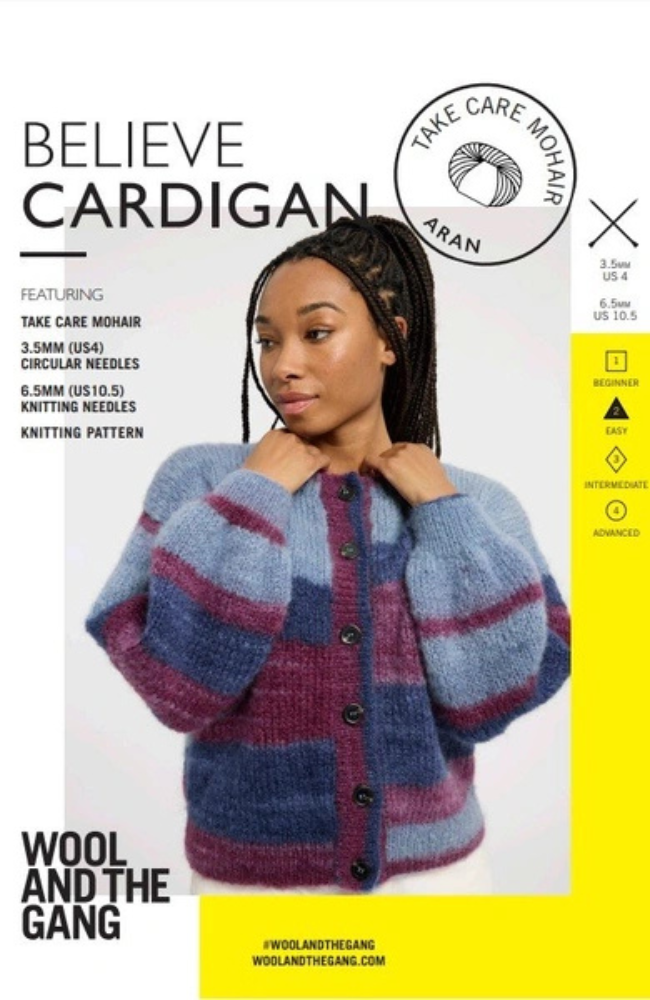 Woman in a light blue, dark blue, and burgundy striped knit cardigan on a gray, yellow, and white background with "Believe Cardigan" and other text.