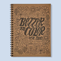 Coloring book with floral design and text on a light blue background
