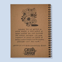 Brown notebook with floral design and text on a light blue background