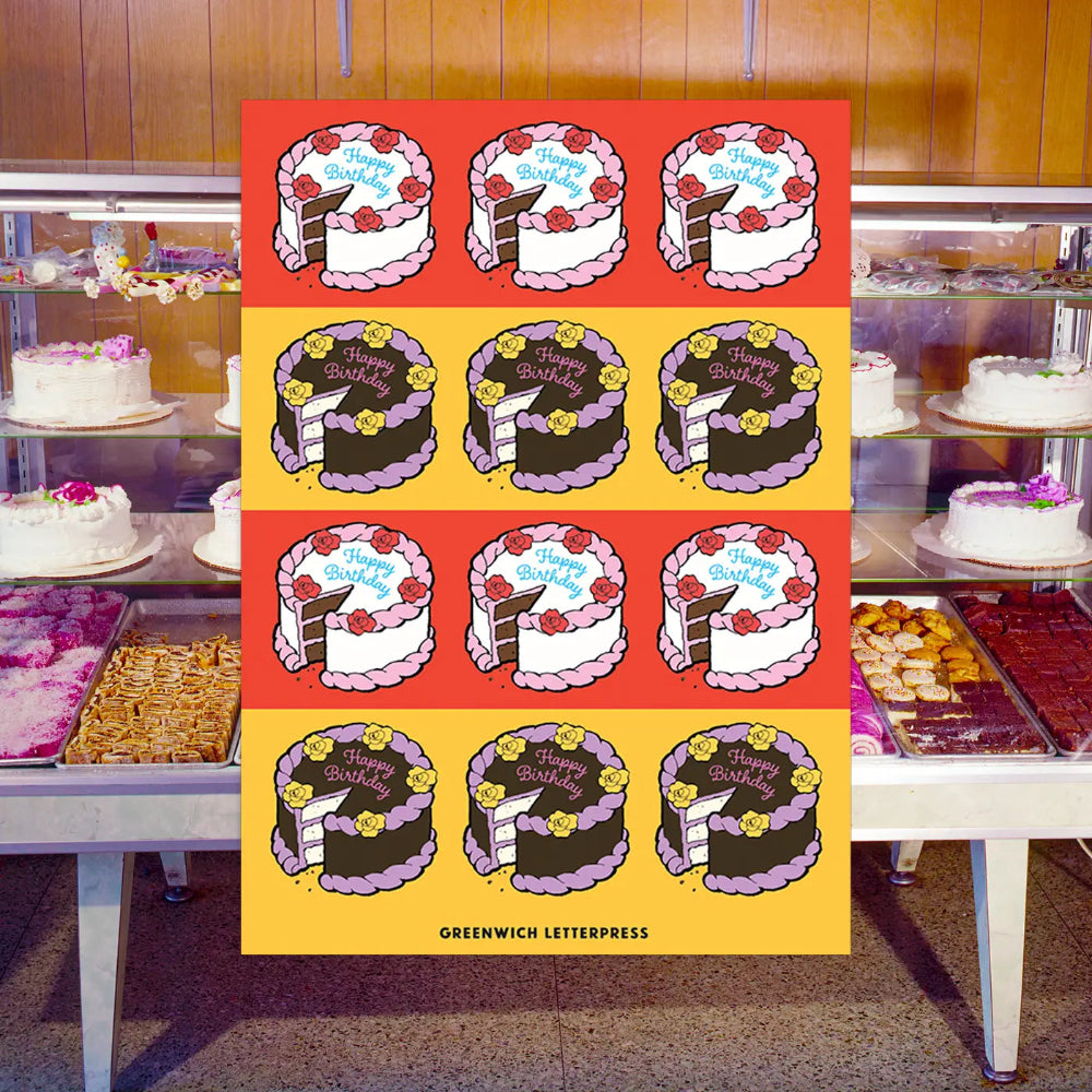 Grid of birthday cakes with 'Happy Birthday' text on a red and yellow background, with a bakery setting in the background.