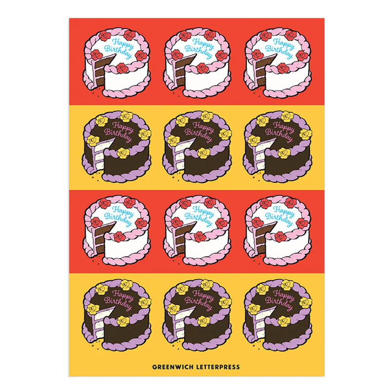 Sheet of birthday cake stickers with 'Happy Birthday' text on a red and yellow background, featuring the brand 'Greenwich Letterpress'.