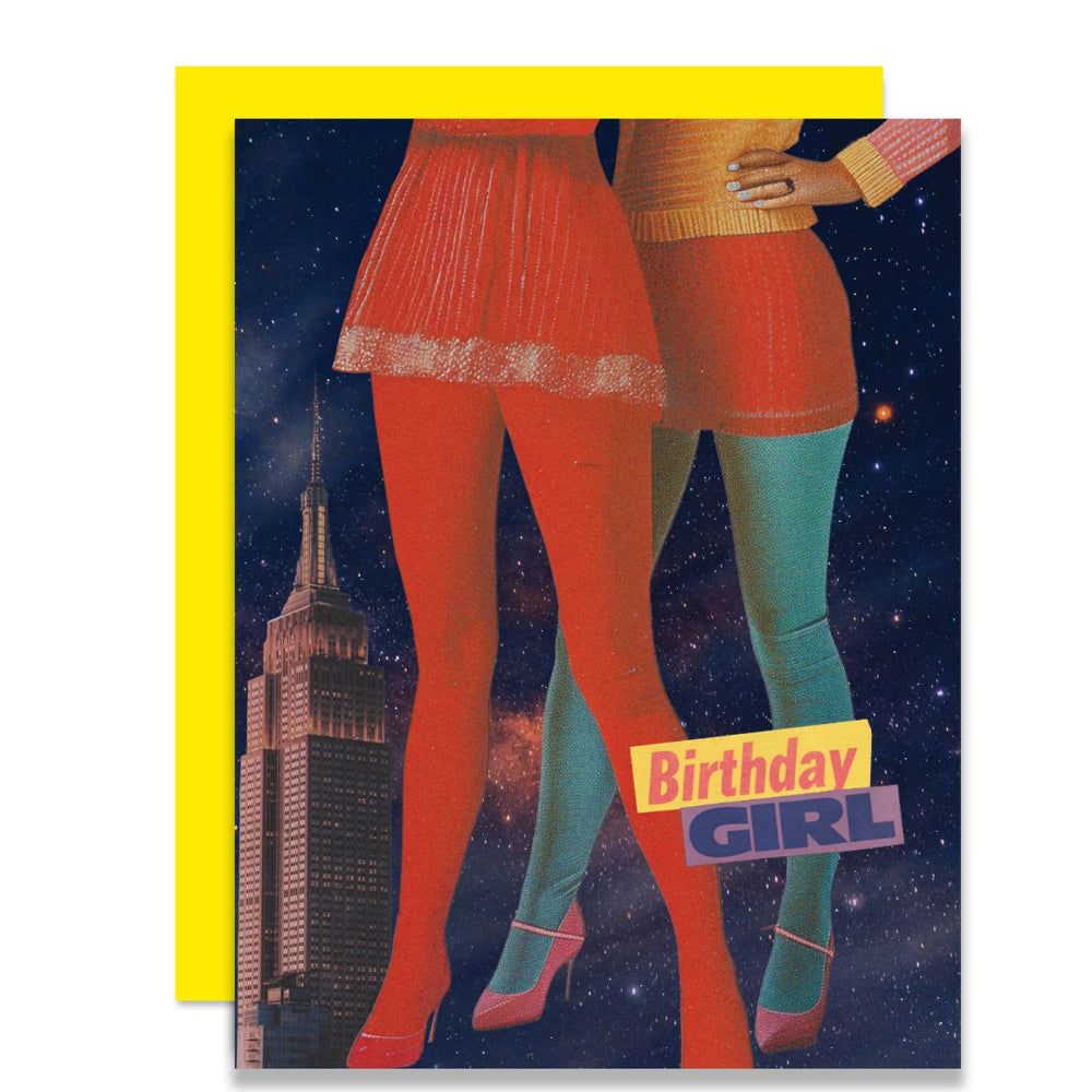 Birthday girl card with tights and Empire State Building in the background