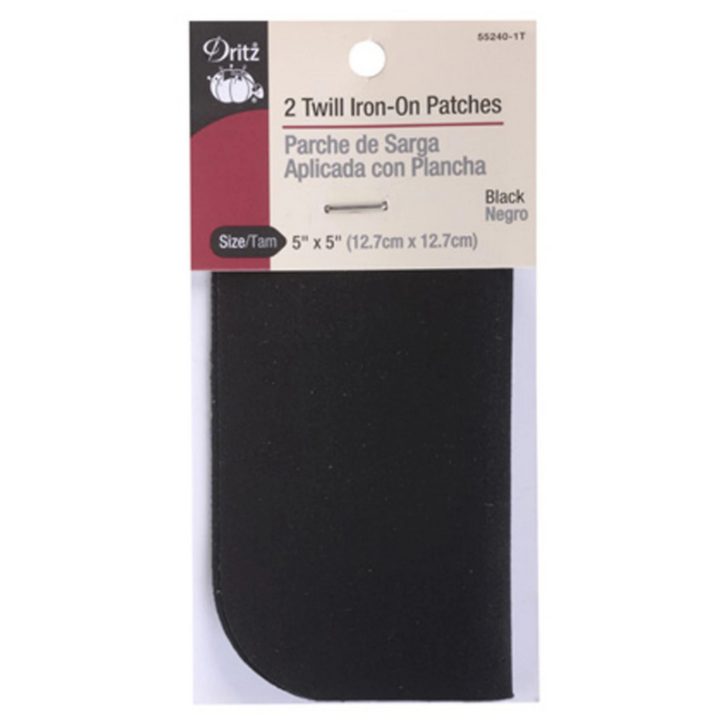 Black twill iron-on patches in packaging with Dritz branding.