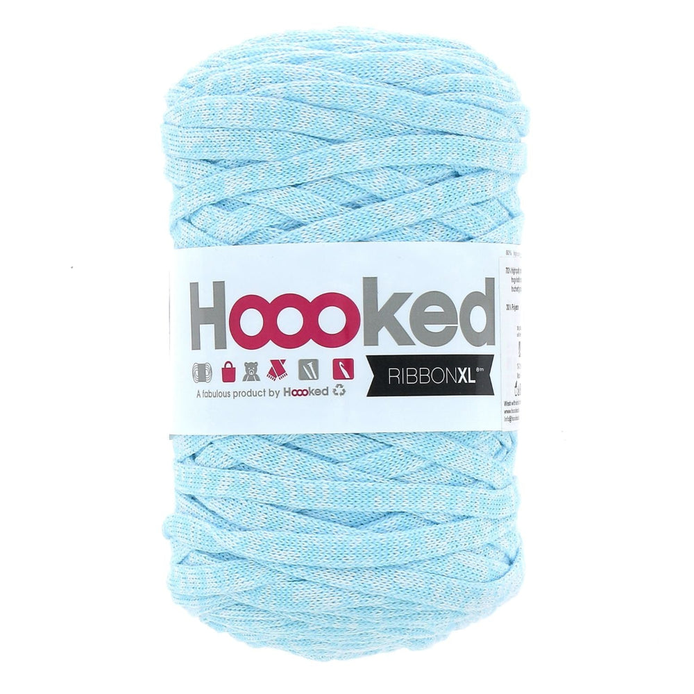 Light blue yarn ball with 'Hoooked' label on a white background