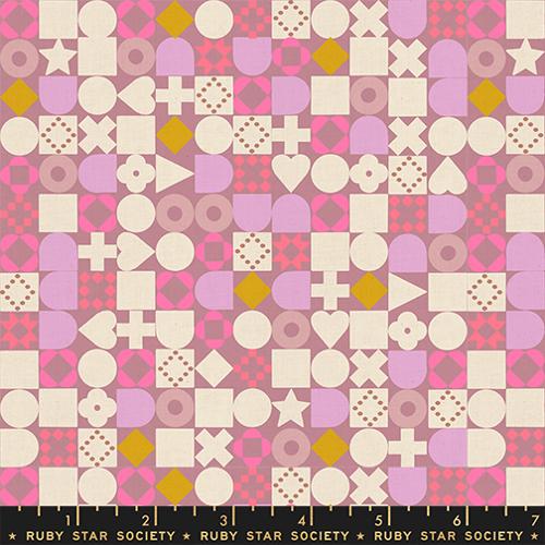 Fabric featuring a geometric design of various small shapes in purple, pink, white, and yellow.
