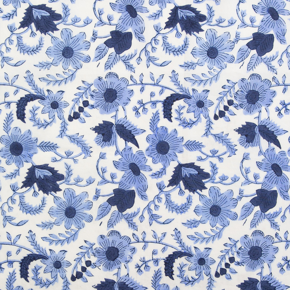 Pattern of blue flowers and leaves on a white background