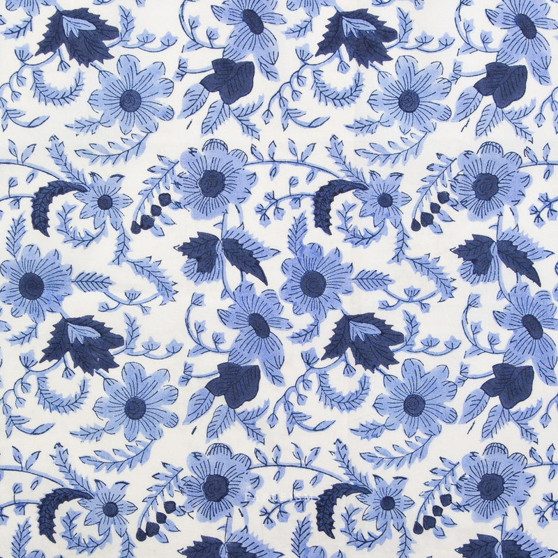 Pattern of blue flowers and leaves on a white background