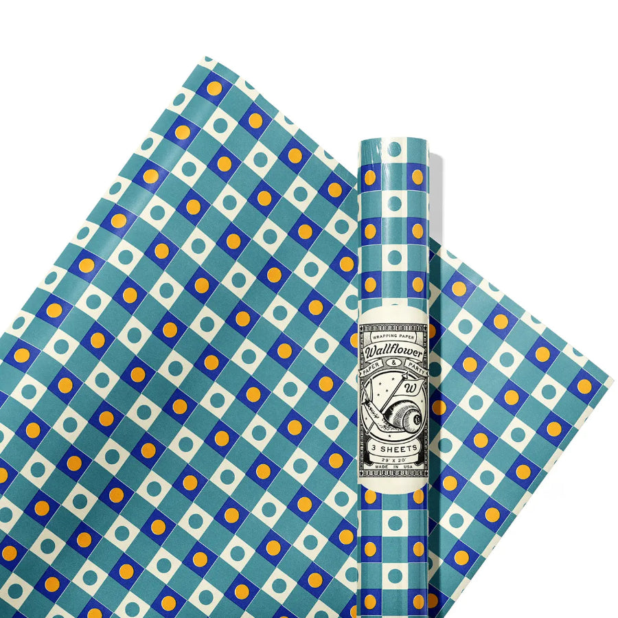 Two rolls of patterned paper with blue, white, and yellow design, featuring a brand label in the center.
