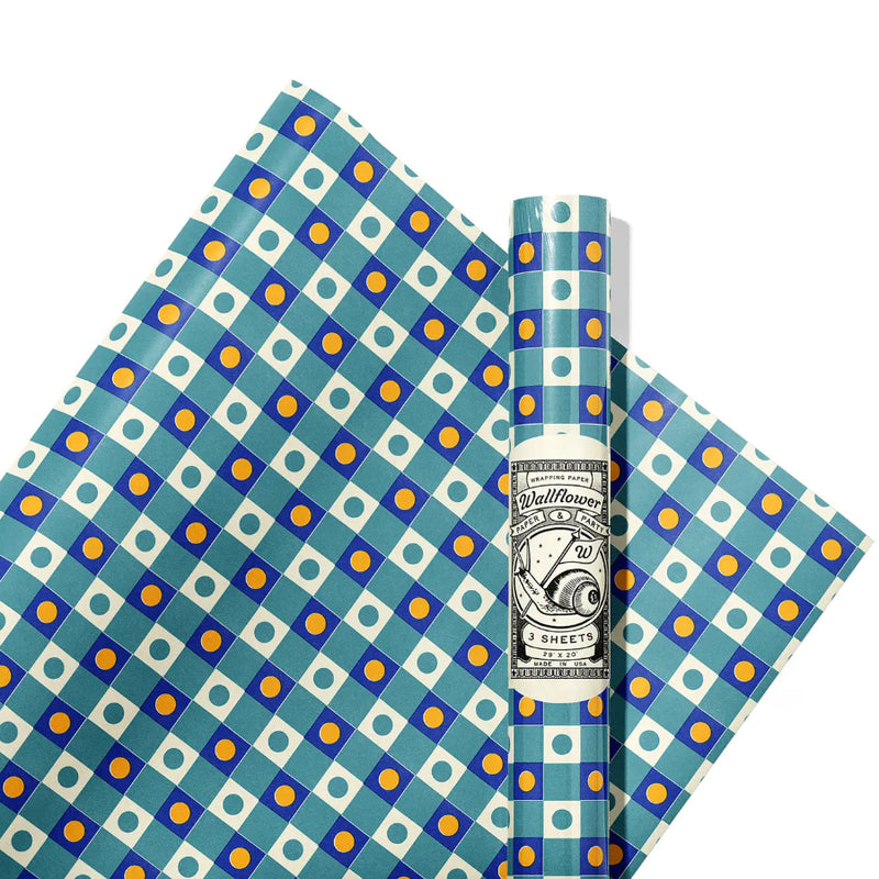 Two rolls of patterned paper with blue, white, and yellow design, featuring a brand label in the center.