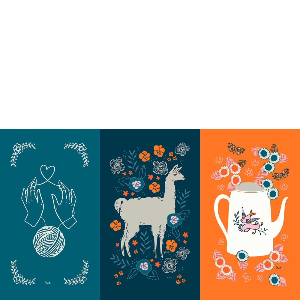 Three vertical fabric panels with different prints: hands holding yarn in a heart shape, a llama with flowers, and a teapot with a bird design on it and flowers around it. All panels in various shades of blue and orange.