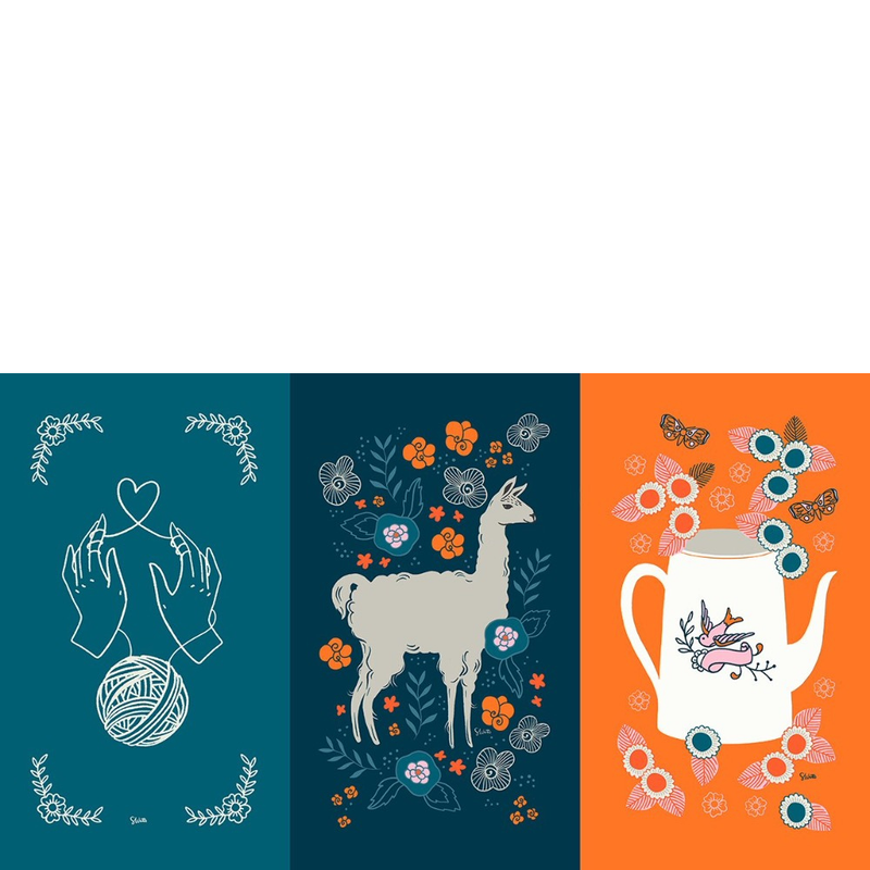 Three vertical fabric panels with different prints: hands holding yarn in a heart shape, a llama with flowers, and a teapot with a bird design on it and flowers around it. All panels in various shades of blue and orange.