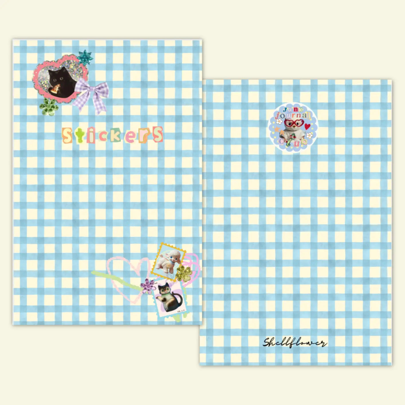 Two sheets of paper with a blue and white checkered pattern, featuring stickers and the brand 'Shellflower'.