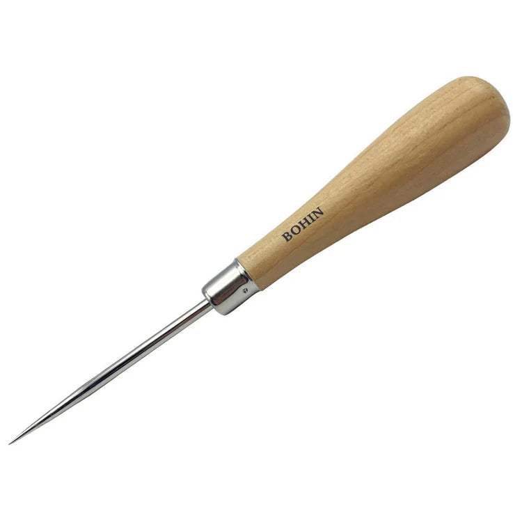 Wooden-handled needle tool with metal tip on a white background, branded 'Bohin'.