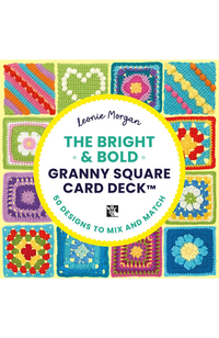 Bright multicolored granny squares in various patterns with yellow and white circle in the center with text "The Bright & Bold Granny Square Card Deck" .