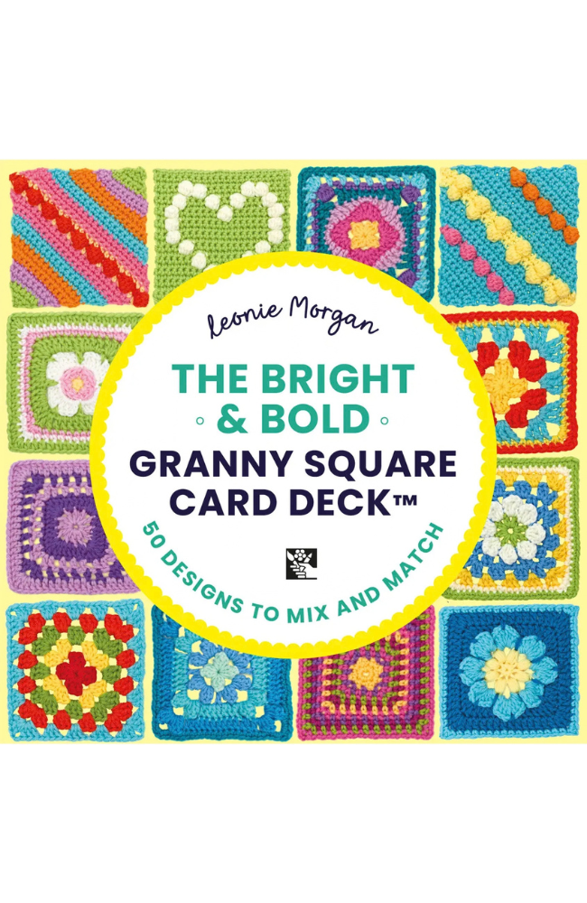 Bright multicolored granny squares in various patterns with yellow and white circle in the center with text "The Bright & Bold Granny Square Card Deck" .