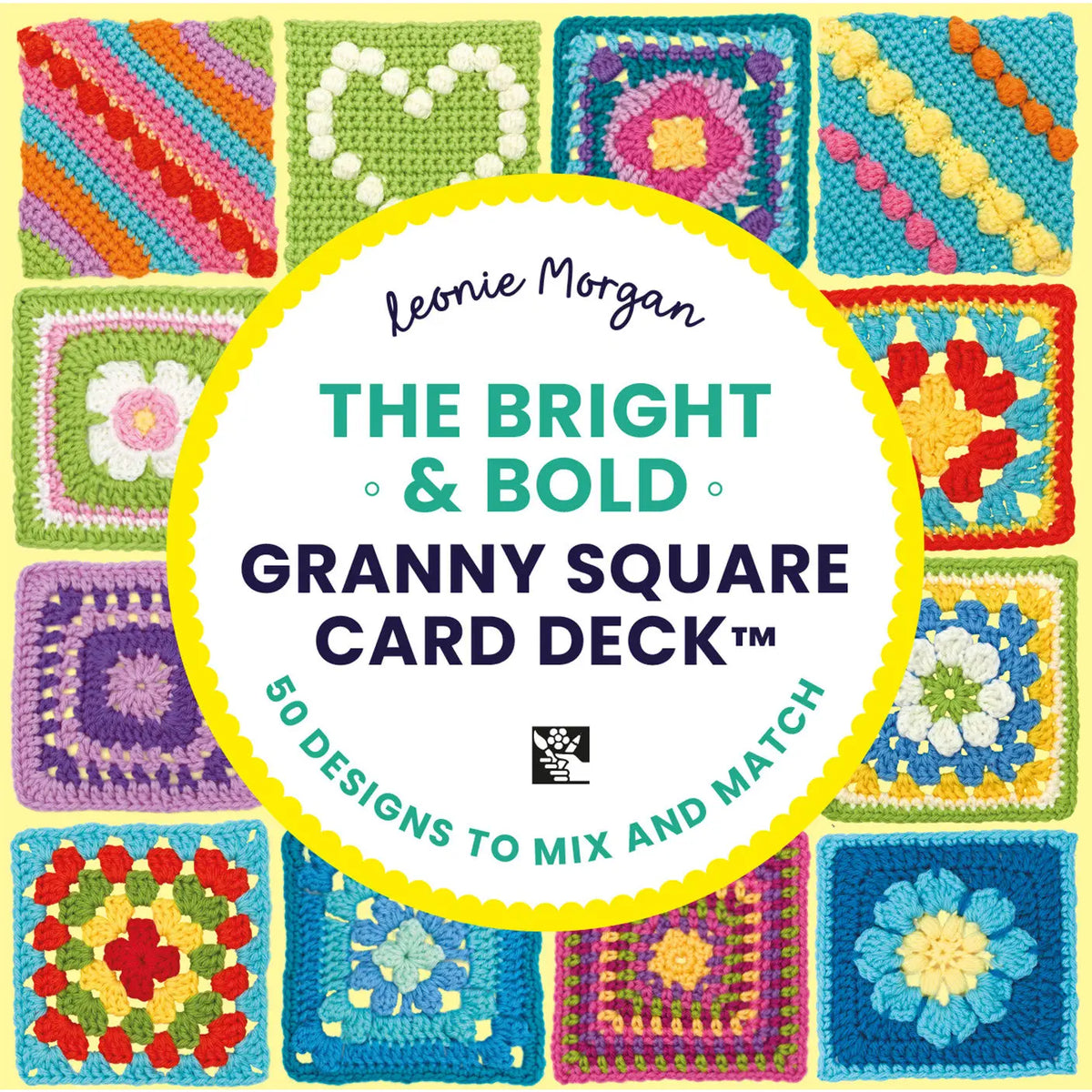Colorful granny square card deck with Leonie Morgan branding on a yellow background