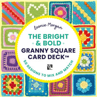 Colorful granny square card deck with Leonie Morgan branding on a yellow background