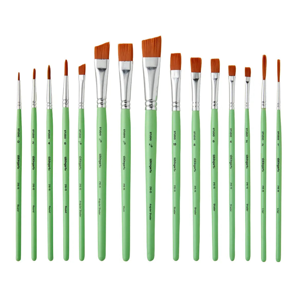 15 paint brushes with green handles and brown bristles on a white background