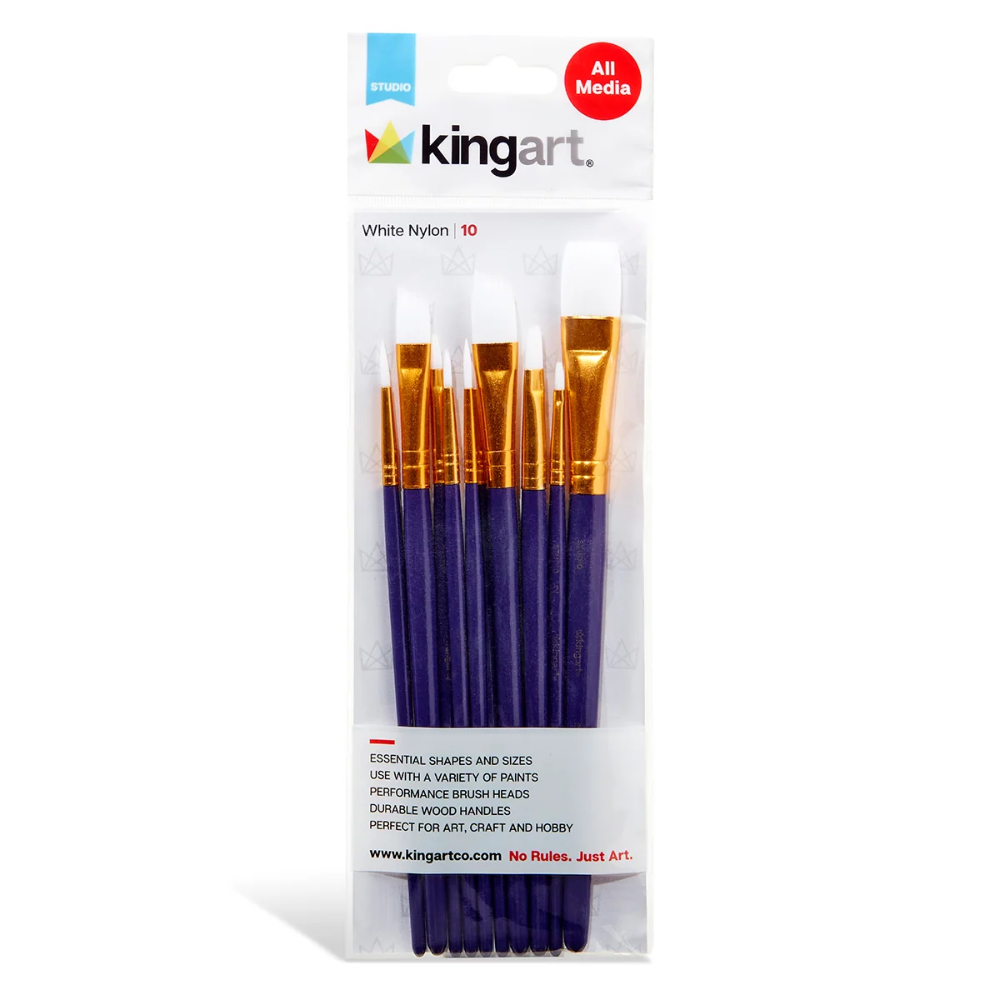 A set of 10 blue-handled white nylon paintbrushes of varying sizes inside a plastic bag labeled "KingArt: White Nylon (10)".