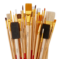 A set of 25 wooden-handled paintbrushes of varying sizes and different bristle materials with a couple foam brushes.