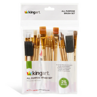 A set of 25 wooden-handled paintbrushes of varying sizes and 2 foam brushes inside a plastic bag labeled "KingArt: All Purpose Brush Set (10)".