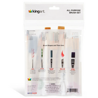 A set of 25 wooden-handled paintbrushes and foam brushes inside a plastic bag with the back listing all 25 kinds of brushes inside the kit with the tips listed as: "Liner, Round, Shader, Angle Flat, Wash".