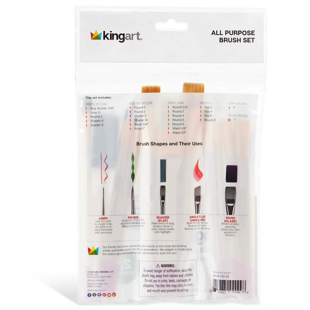 A set of 25 wooden-handled paintbrushes and foam brushes inside a plastic bag with the back listing all 25 kinds of brushes inside the kit with the tips listed as: "Liner, Round, Shader, Angle Flat, Wash".