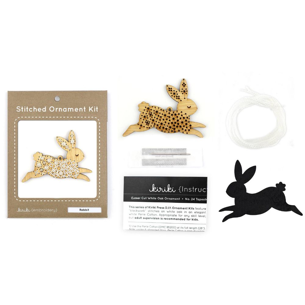 Stitched ornament kit with rabbit design on a white background