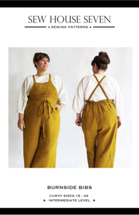 Woman modeling yellow overalls and a white long sleeve shirt on a gray and white background with Sew House Seven branding and text