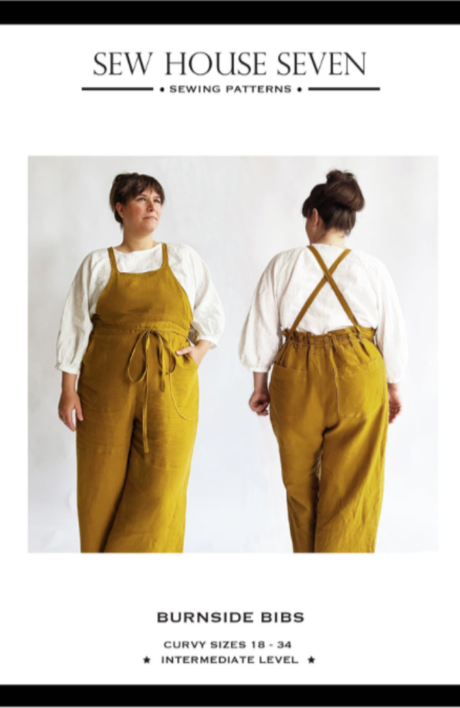 Woman modeling yellow overalls and a white long sleeve shirt on a gray and white background with Sew House Seven branding and text