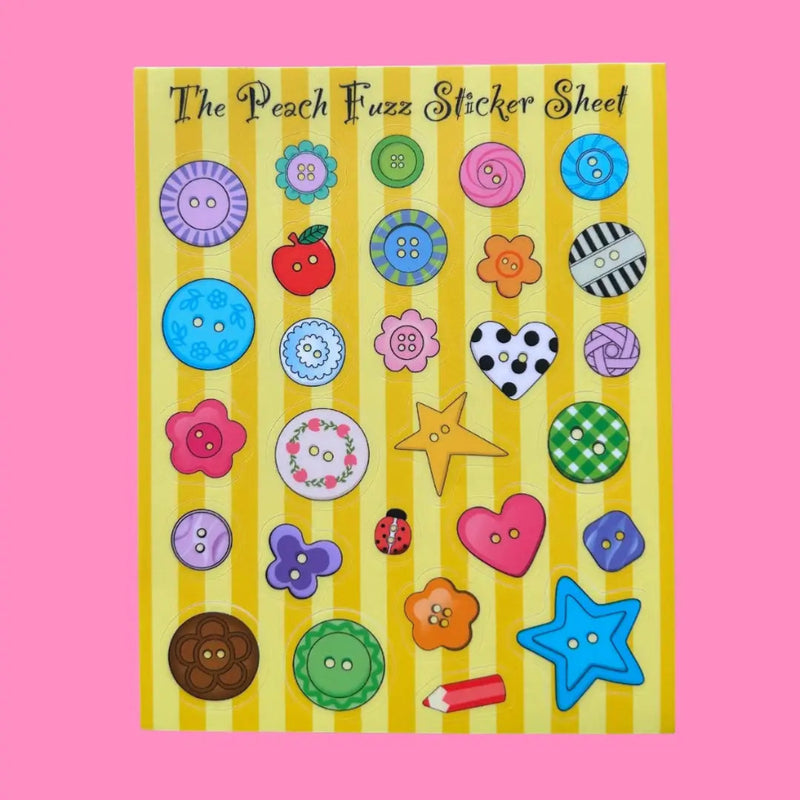 Sticker sheet with a variety of buttons on a  pink background