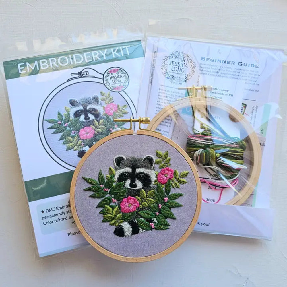 All the contents of the Raccoon Hand Embroidery Kit by Jessica Long Embroidery