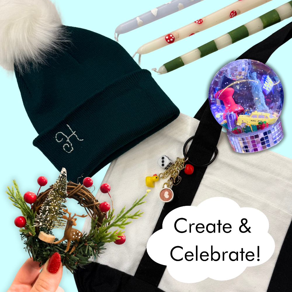 An array of holiday craft projects on a blue background