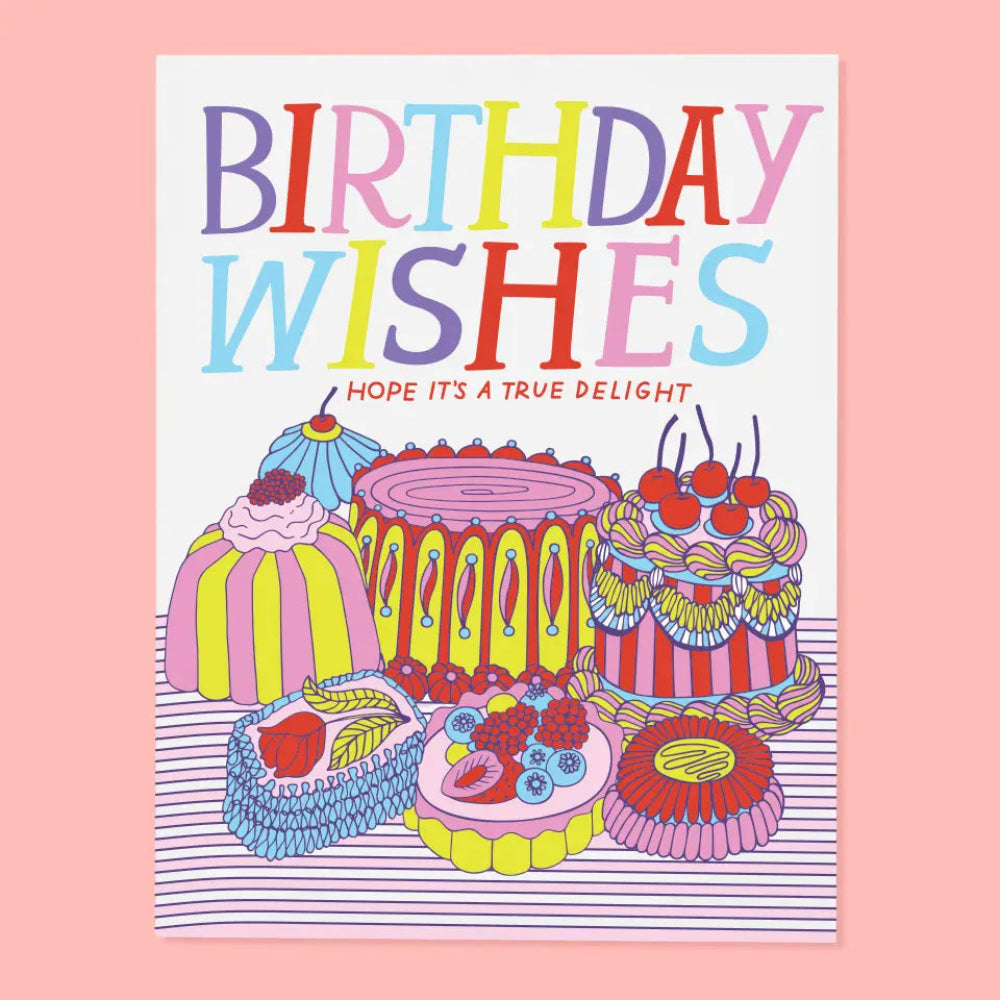 Colorful birthday card with cakes and 'Birthday Wishes' text on a pink background