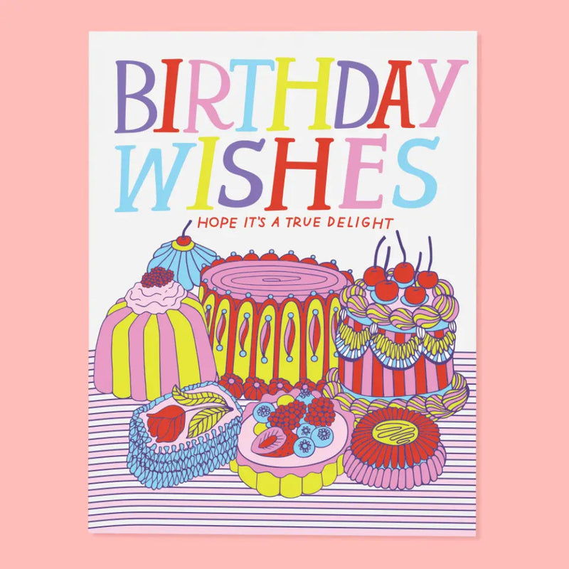Colorful birthday card with cakes and 'Birthday Wishes' text on a pink background