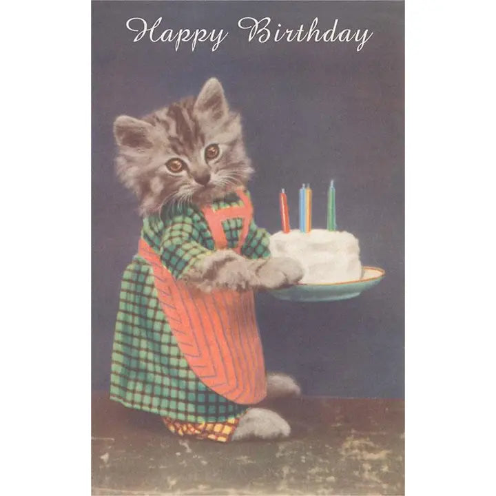 Vintage-style birthday card with a kitten in an apron holding a cake with candles.
