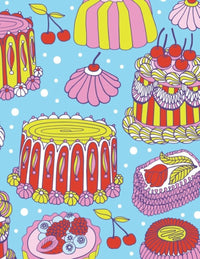 Colorful pattern of stylized cakes and desserts on a blue background
