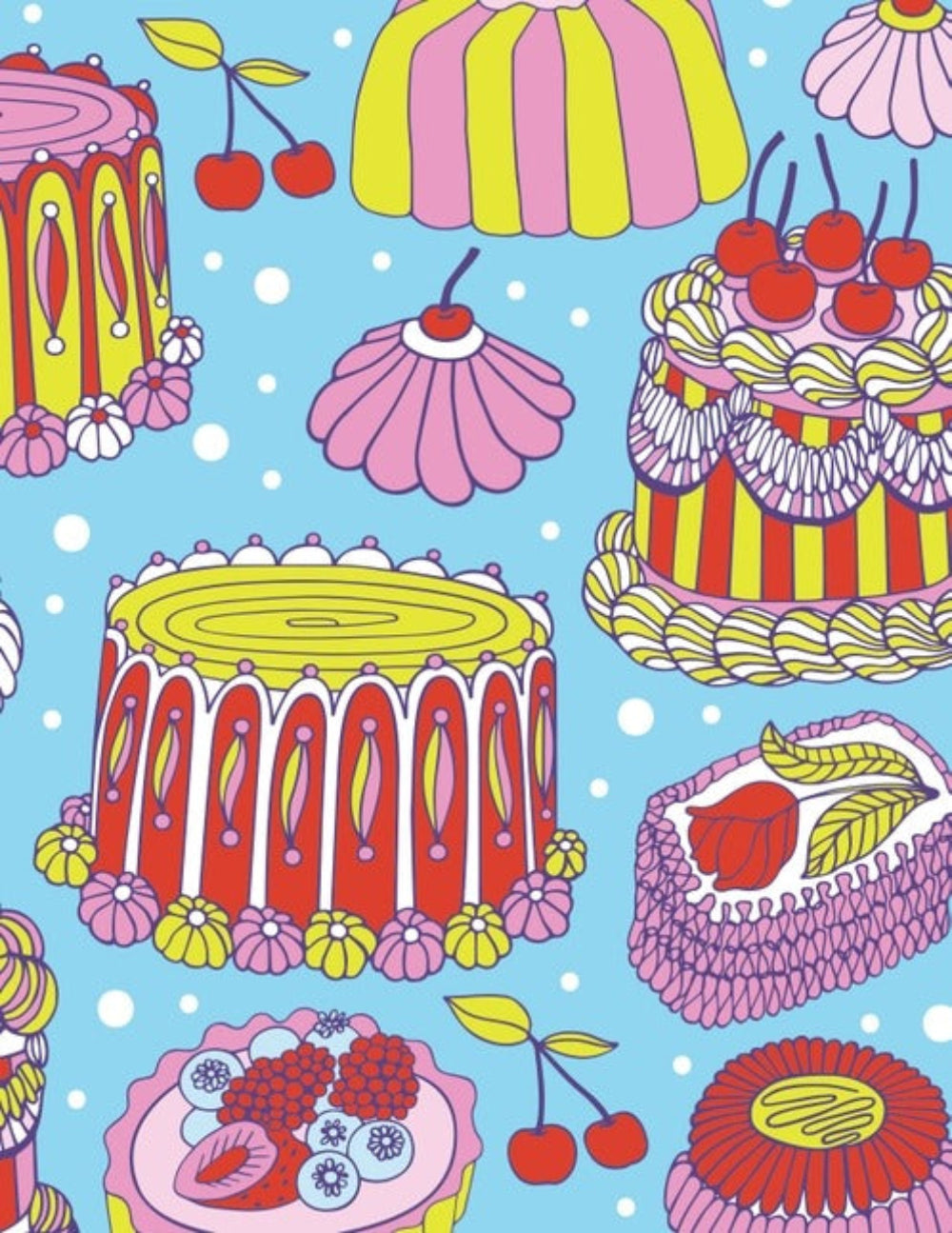 Colorful pattern of stylized cakes and desserts on a blue background